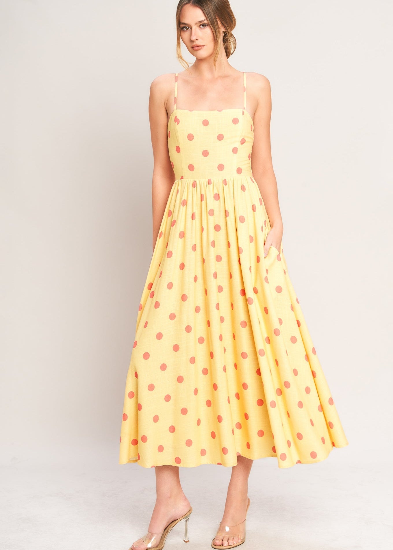 GOLDEN SUMMER POLKA WOVEN MIDI DRESS