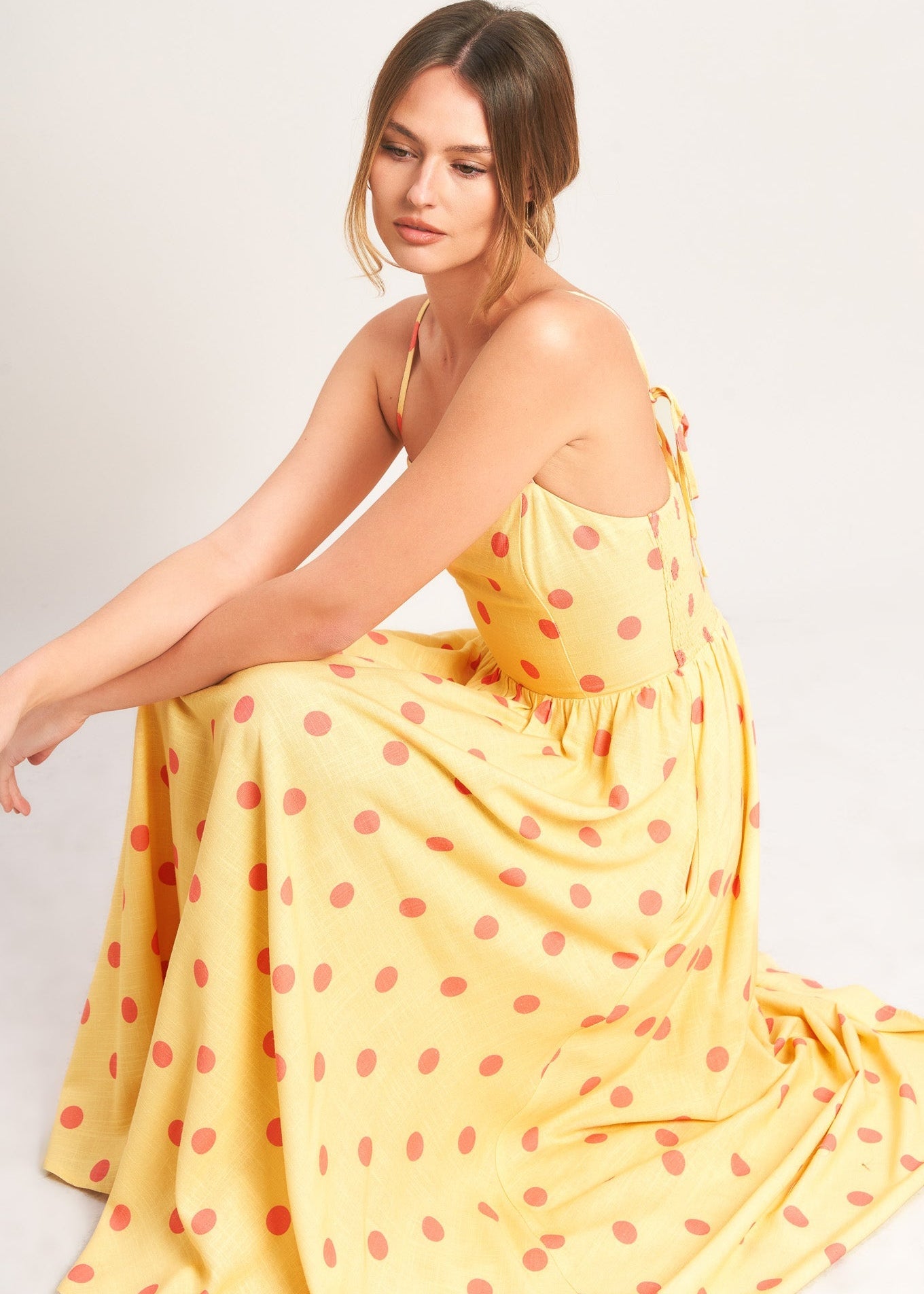 GOLDEN SUMMER POLKA WOVEN MIDI DRESS