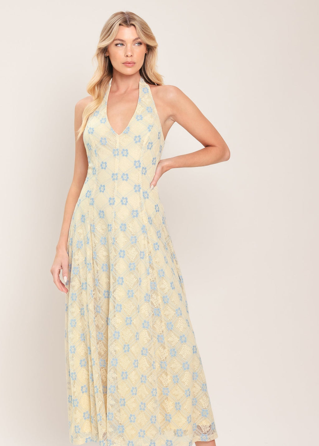 DELICATE BLOOM HALTER WOVEN LACE MIDI DRESS