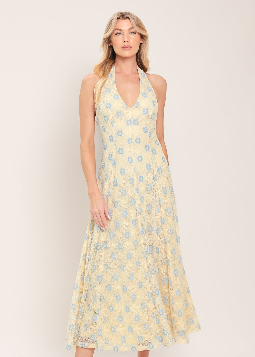 DELICATE BLOOM HALTER WOVEN LACE MIDI DRESS