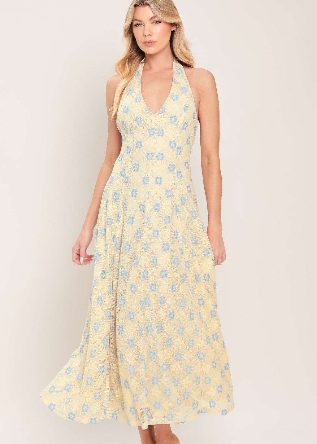 DELICATE BLOOM HALTER WOVEN LACE MIDI DRESS
