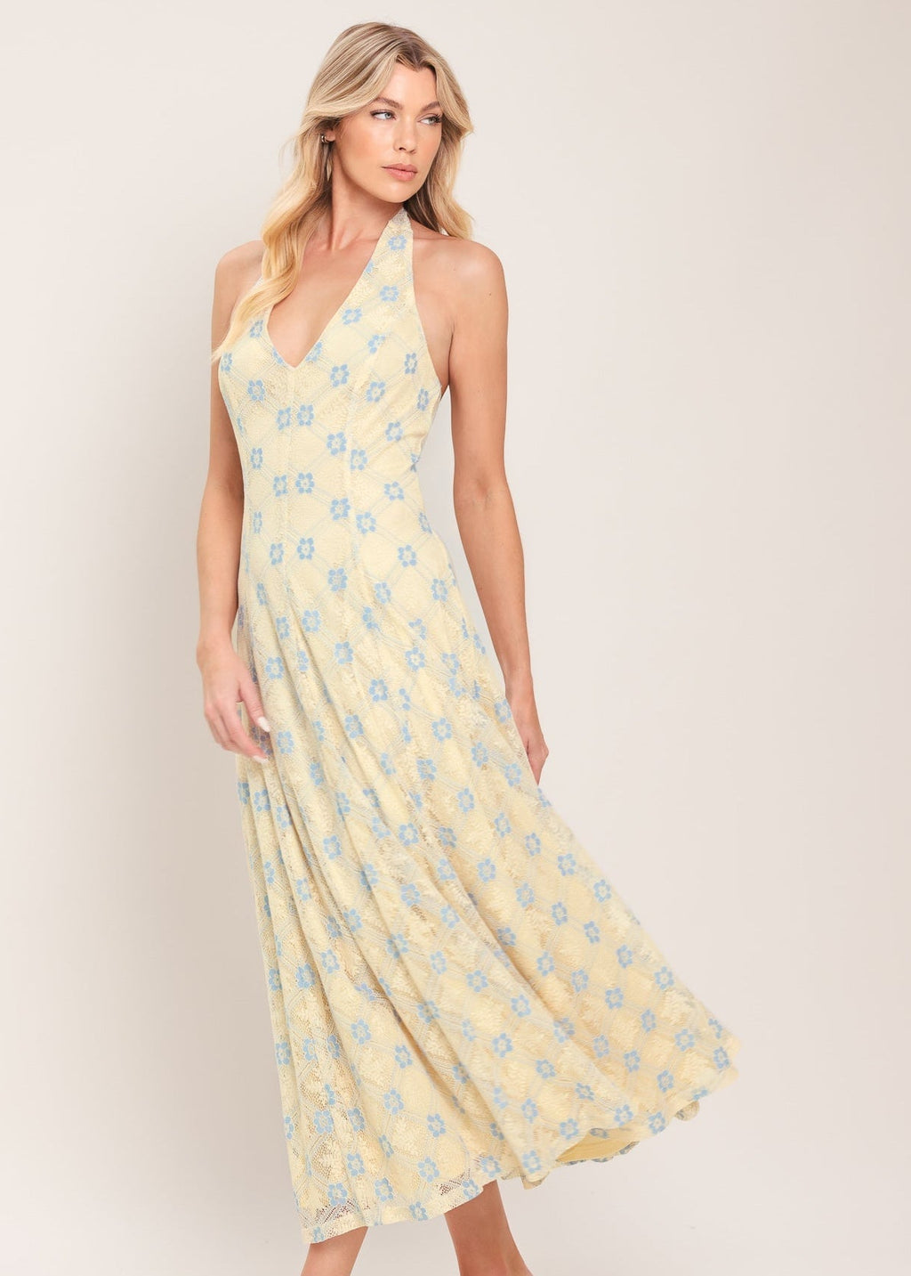 DELICATE BLOOM HALTER WOVEN LACE MIDI DRESS