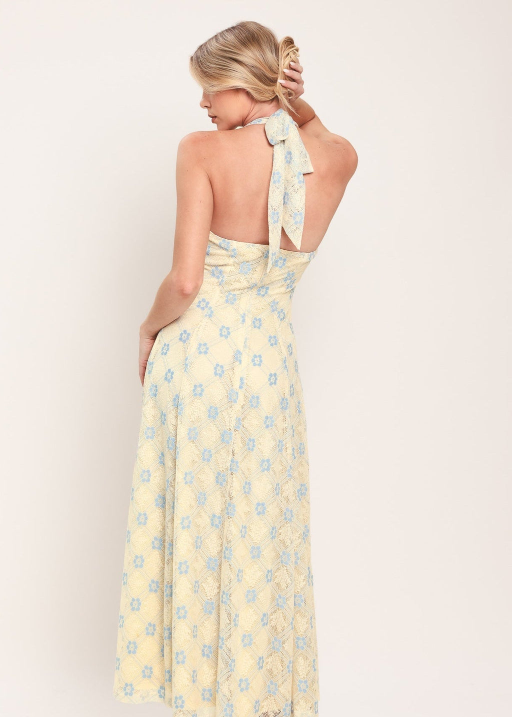 DELICATE BLOOM HALTER WOVEN LACE MIDI DRESS