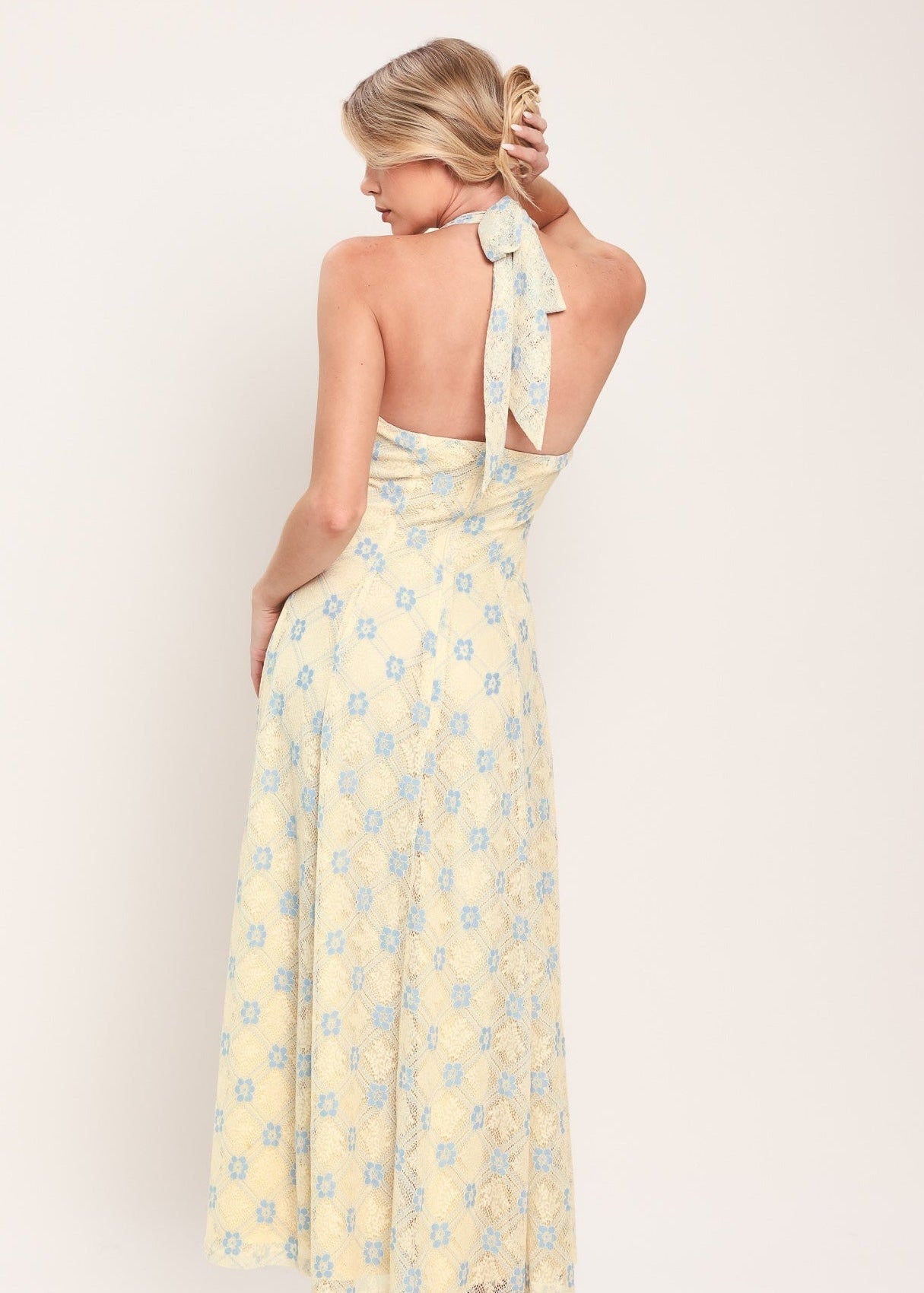 DELICATE BLOOM HALTER WOVEN LACE MIDI DRESS