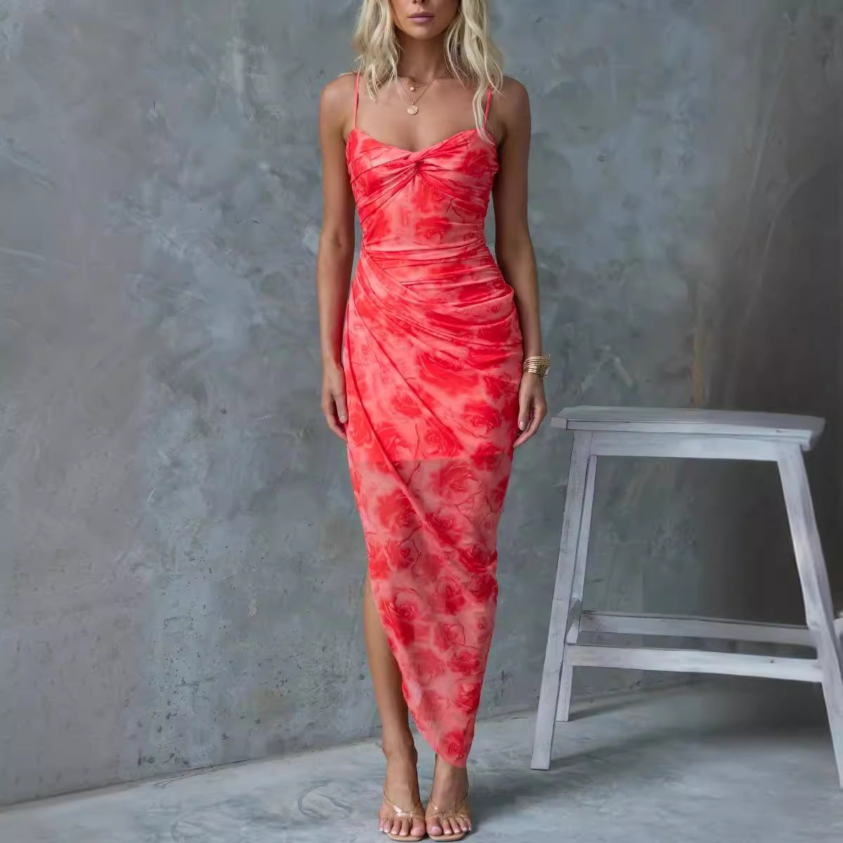 Spring Summer Suspender Floral Print Slit Dress Casual Vacation Loose Dress Main image