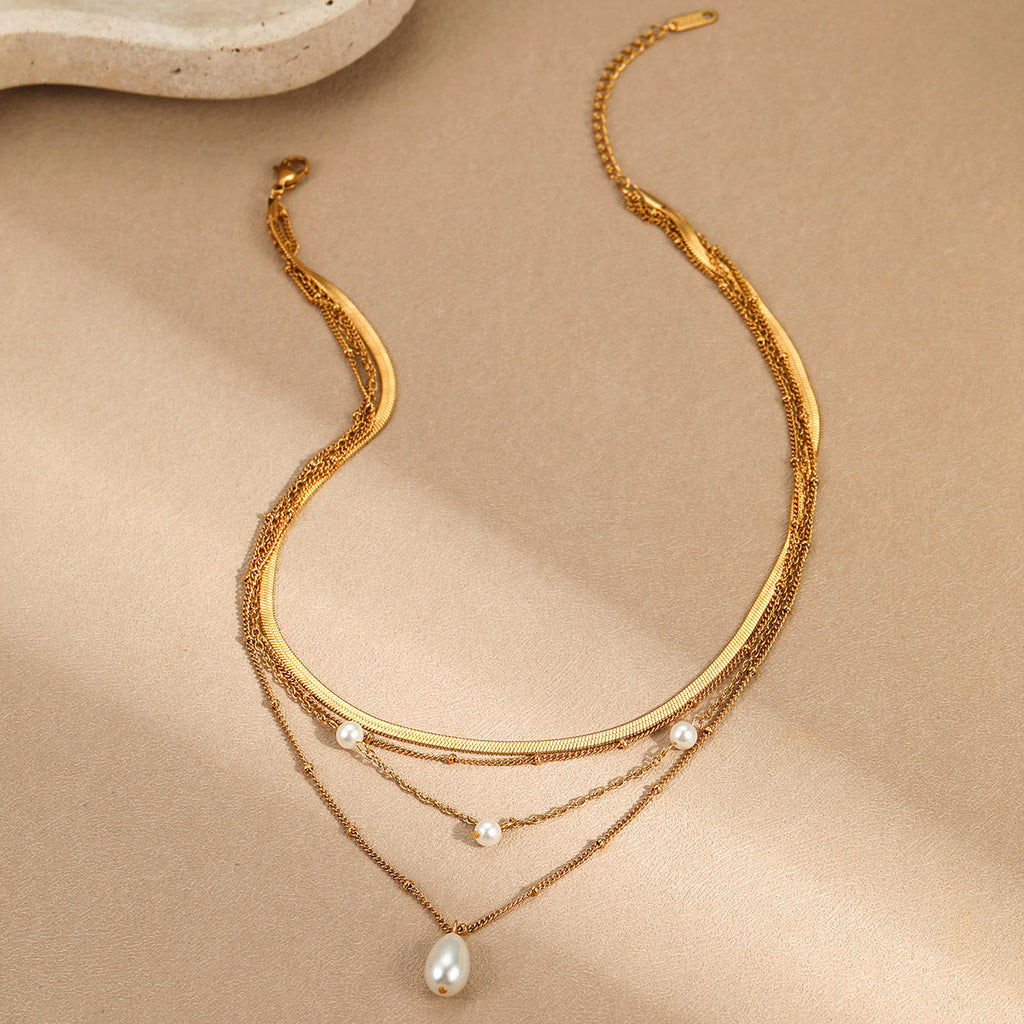 Water Drop Imitation Pearl Tassel Embellished Multi Layer Necklace Women Twin Simple Accessories