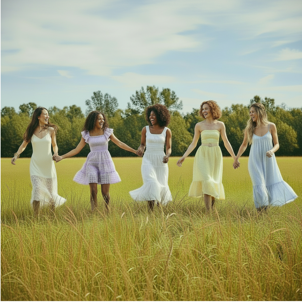 Five women in white dresses holding hands in a grassy field with trees in the background