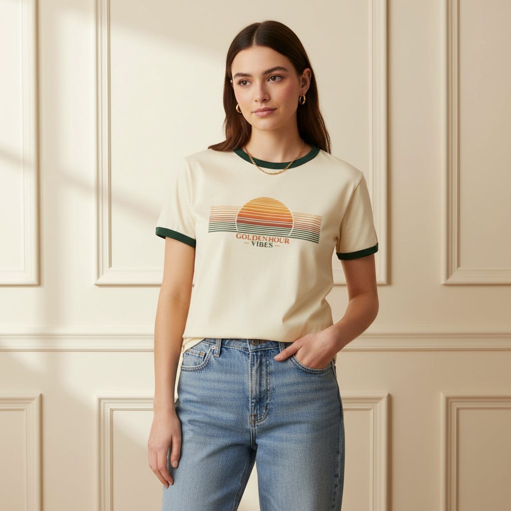 Woman wearing a t-shirt with a sunset design and text, standing against a beige paneled wall.