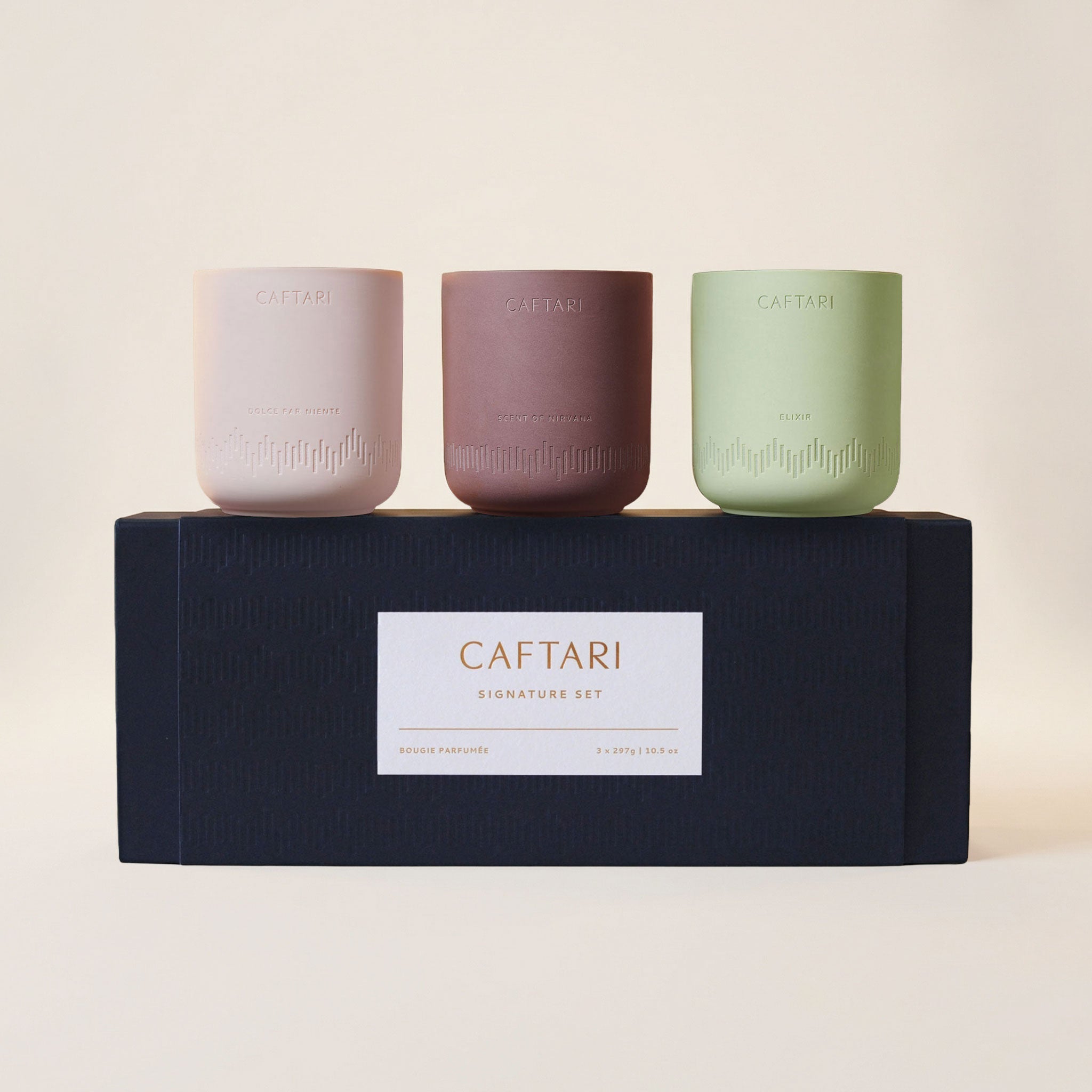 Caftari candle gift set with three luxury candles in reusable ceramic vessels Main image