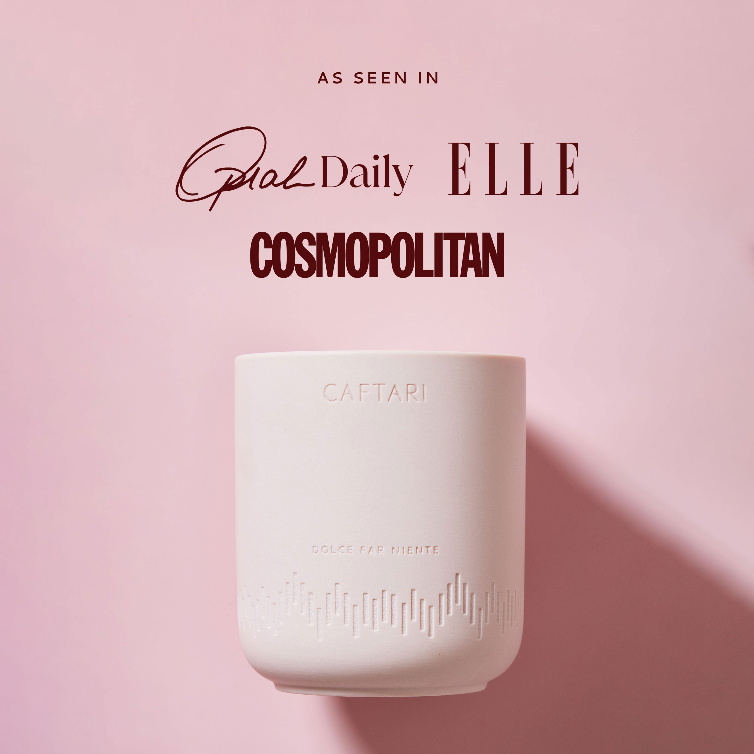 Caftari Dolce Far Niente rose essential oil candle featured in Oprah Daily, Elle, and Cosmopolitan