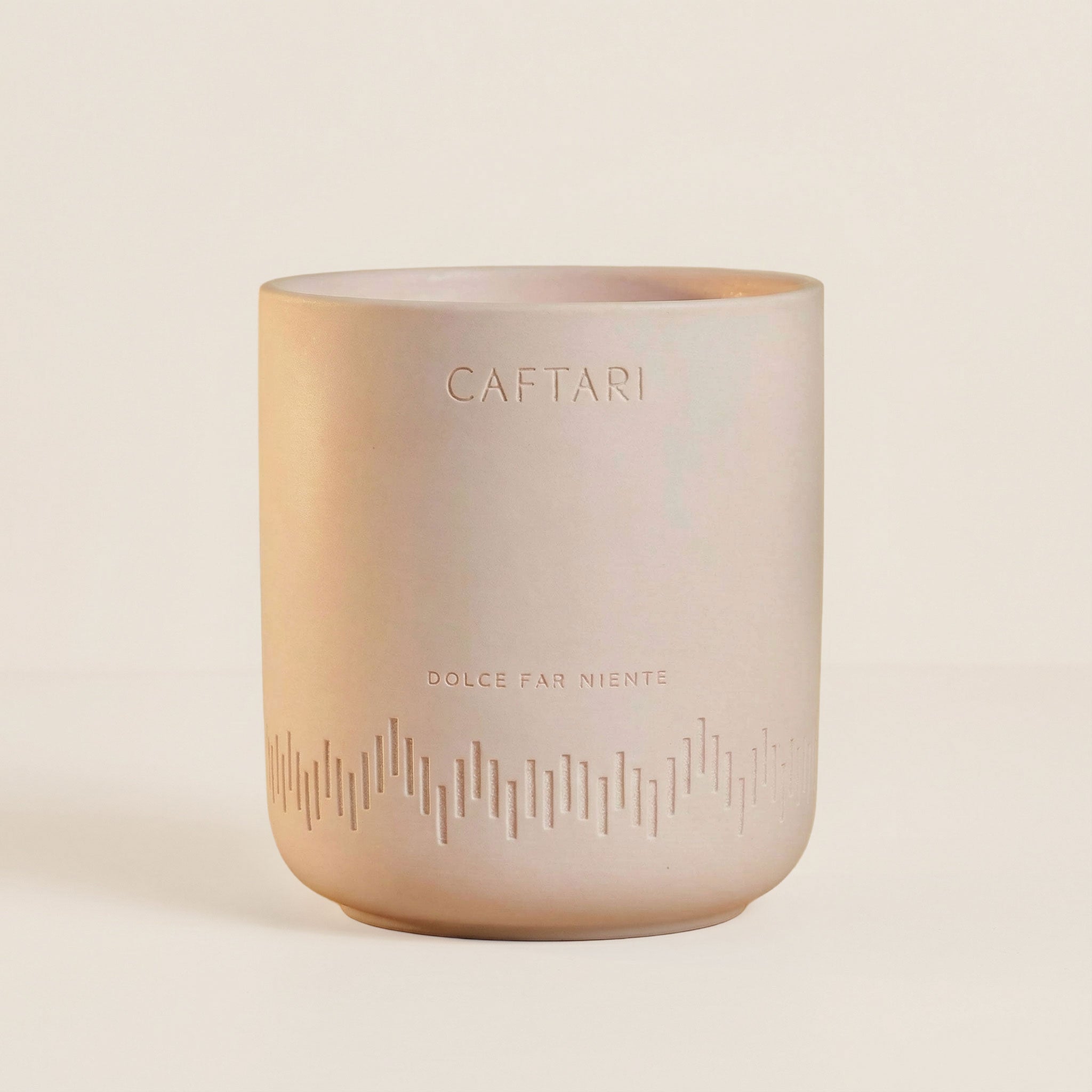 Caftari Dolce Far Niente rose essential oil candle with warm floral fragrance designed to promote calm and happiness