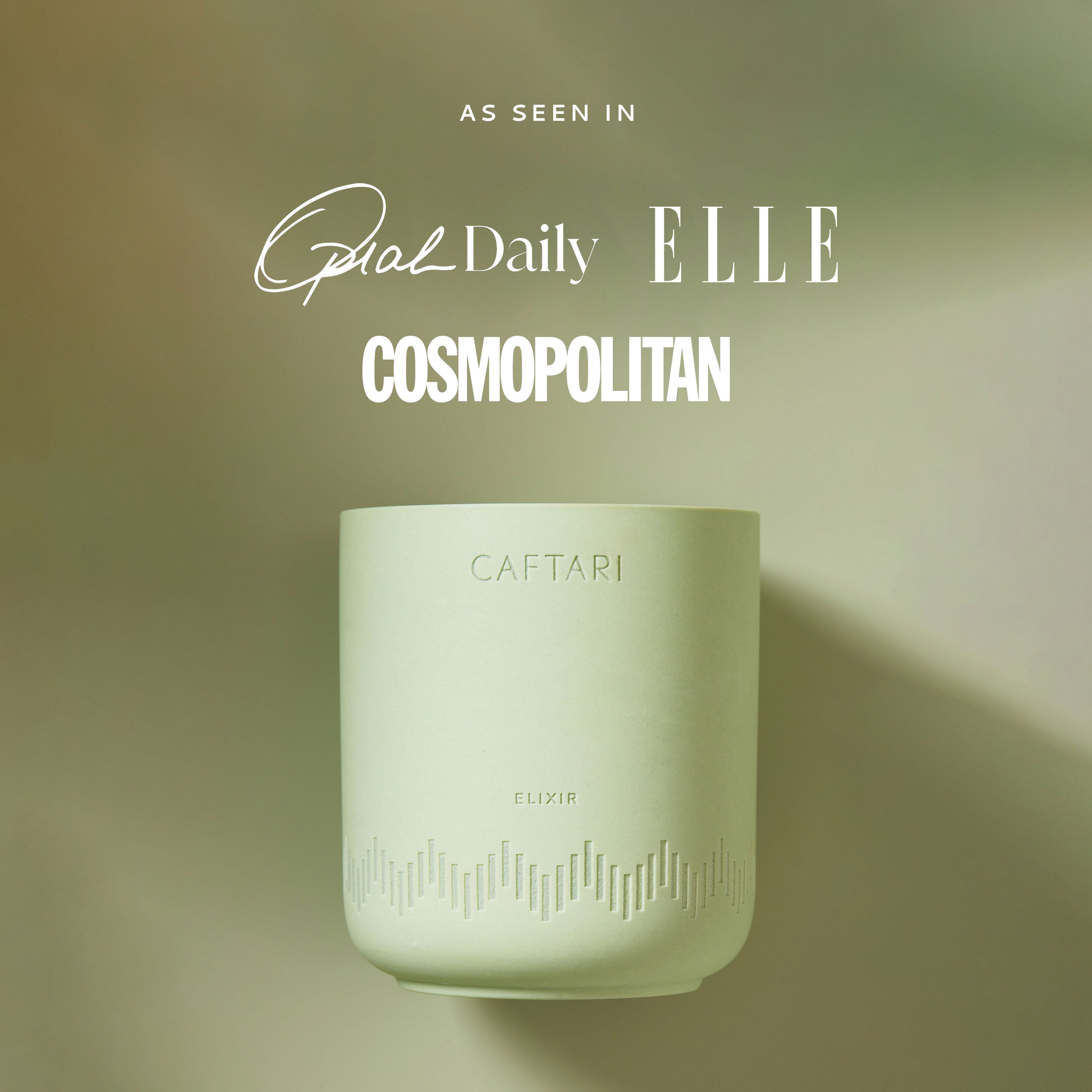 Caftari Elixir bergamot candle featured in Oprah Daily, Elle, and Cosmopolitan