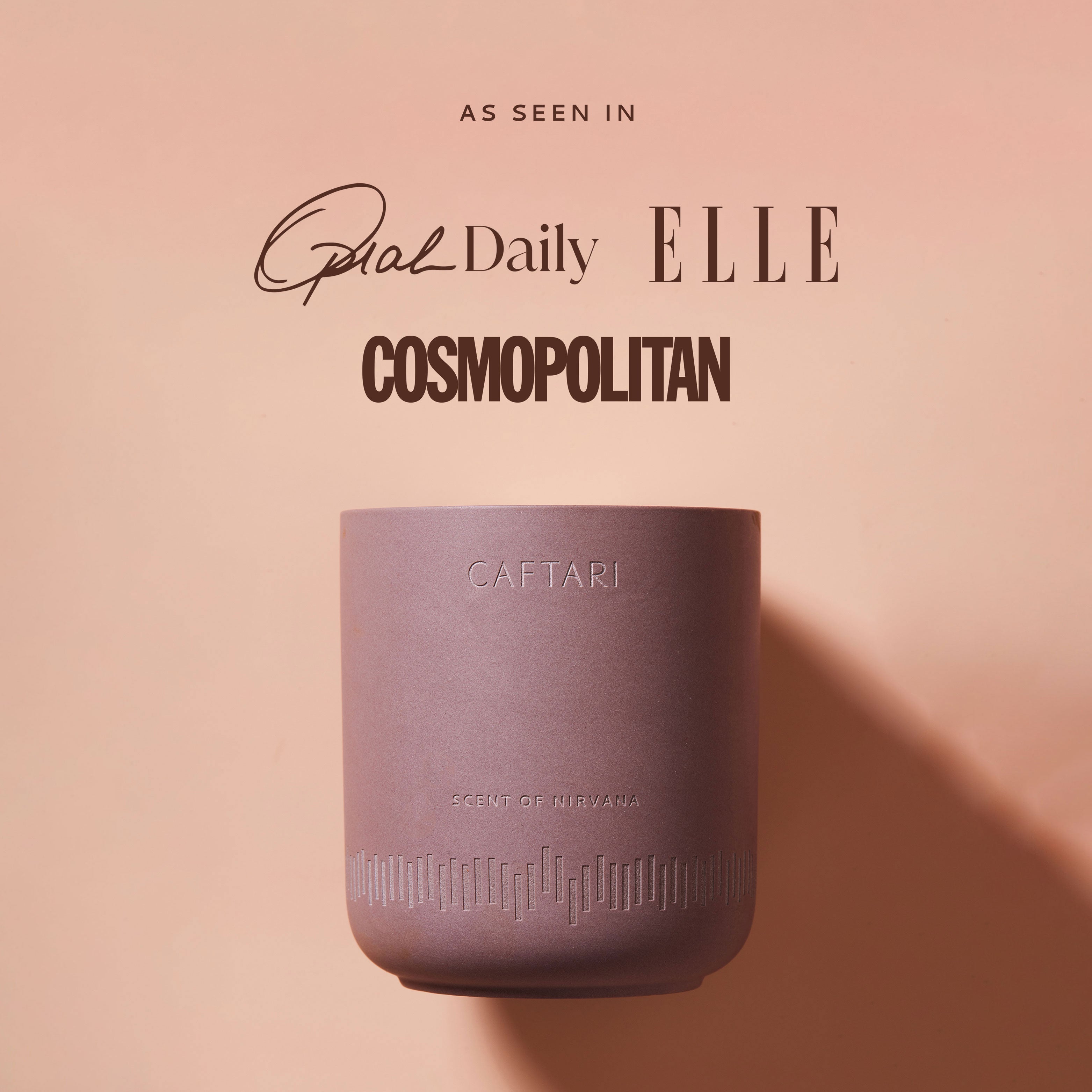 Caftari Nirvana bergamot candle featured in Oprah Daily, Elle, and Cosmopolitan