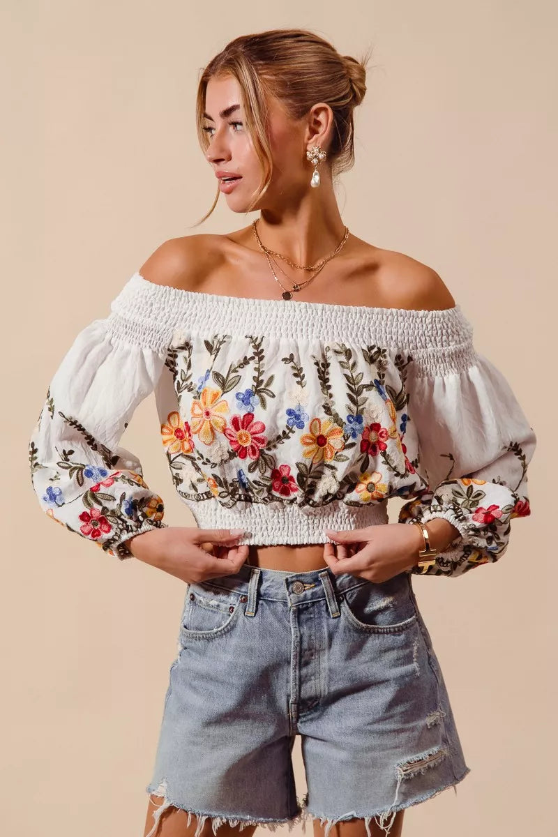 SO ME Floral Embroidered Off The Shoulder Crop Top Main image