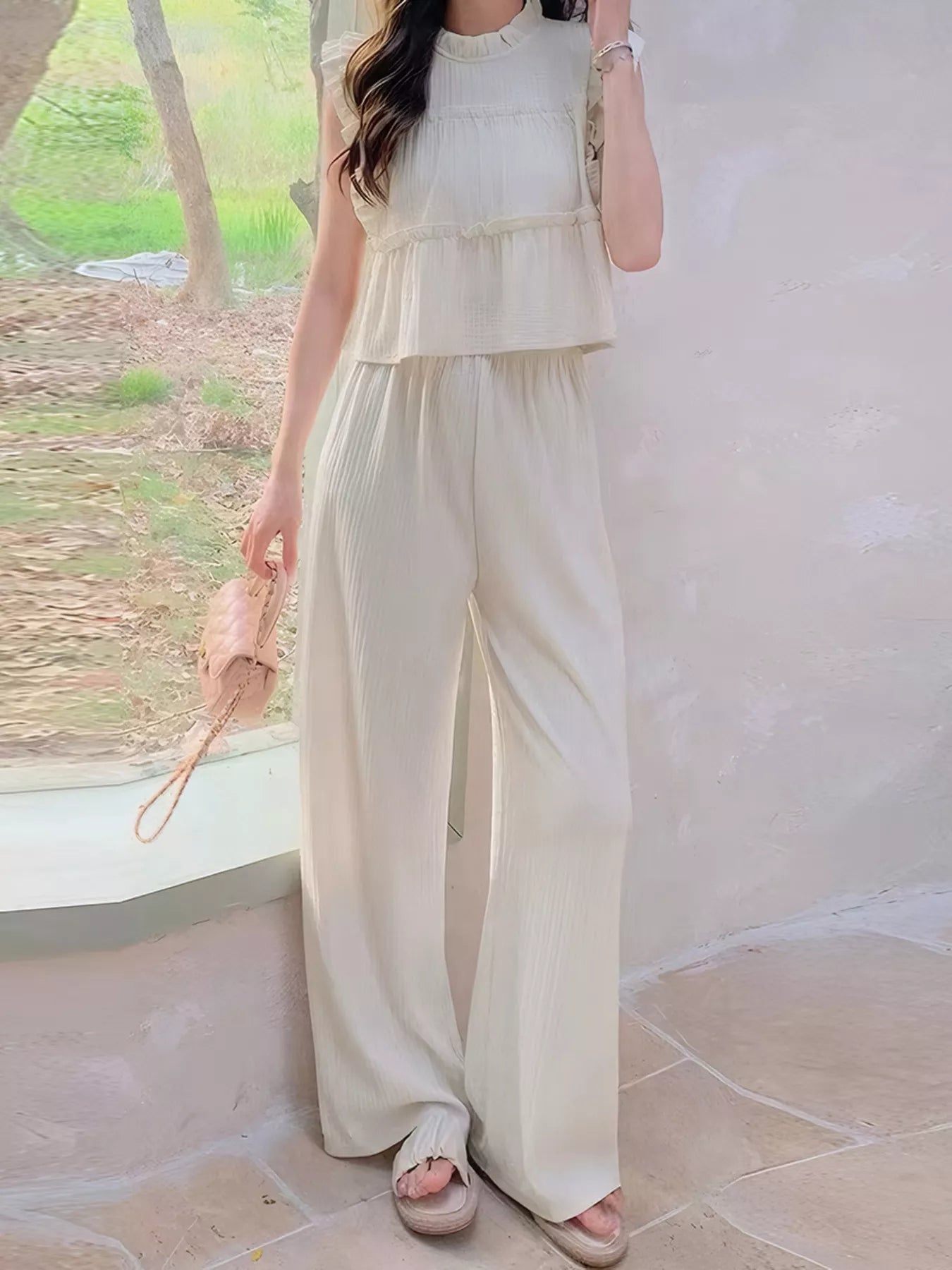 Ruffled Sleeveless Top and Wide Leg Pants Set Main image
