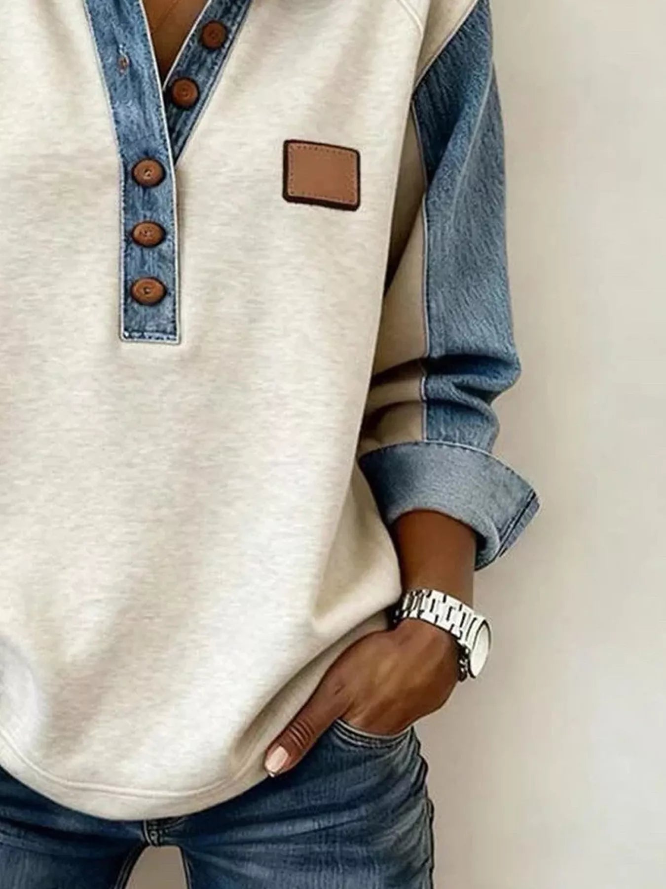 Denim Trim Button Detail Sweatshirt Secondary image