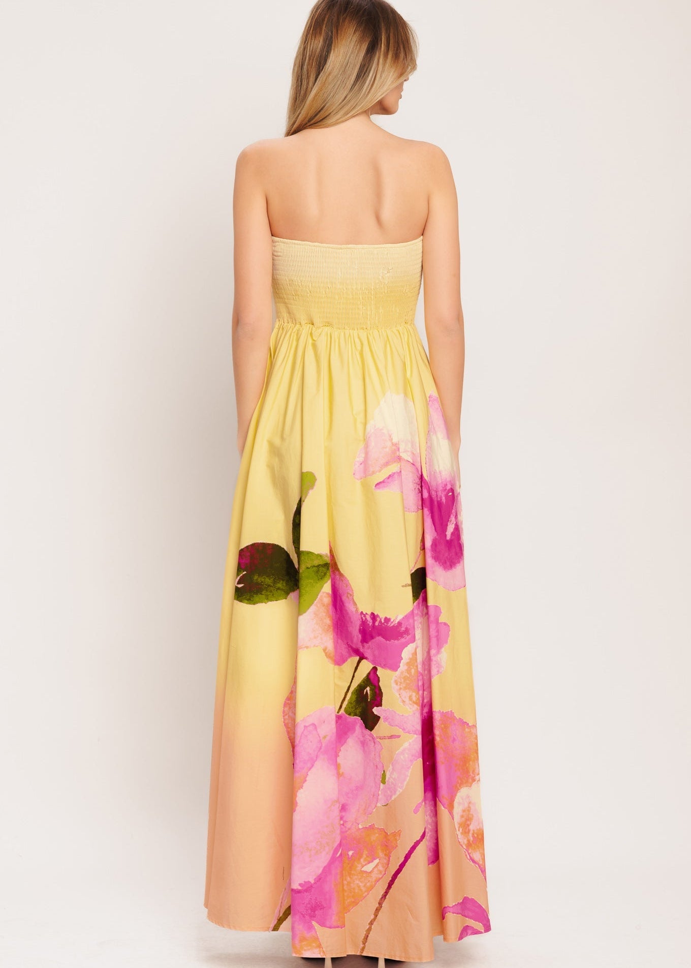 Strapless ombre print maxi dress with full skirt