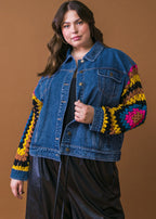 Plus Fashion denim jacket with crochet sleeve contrast and button front
