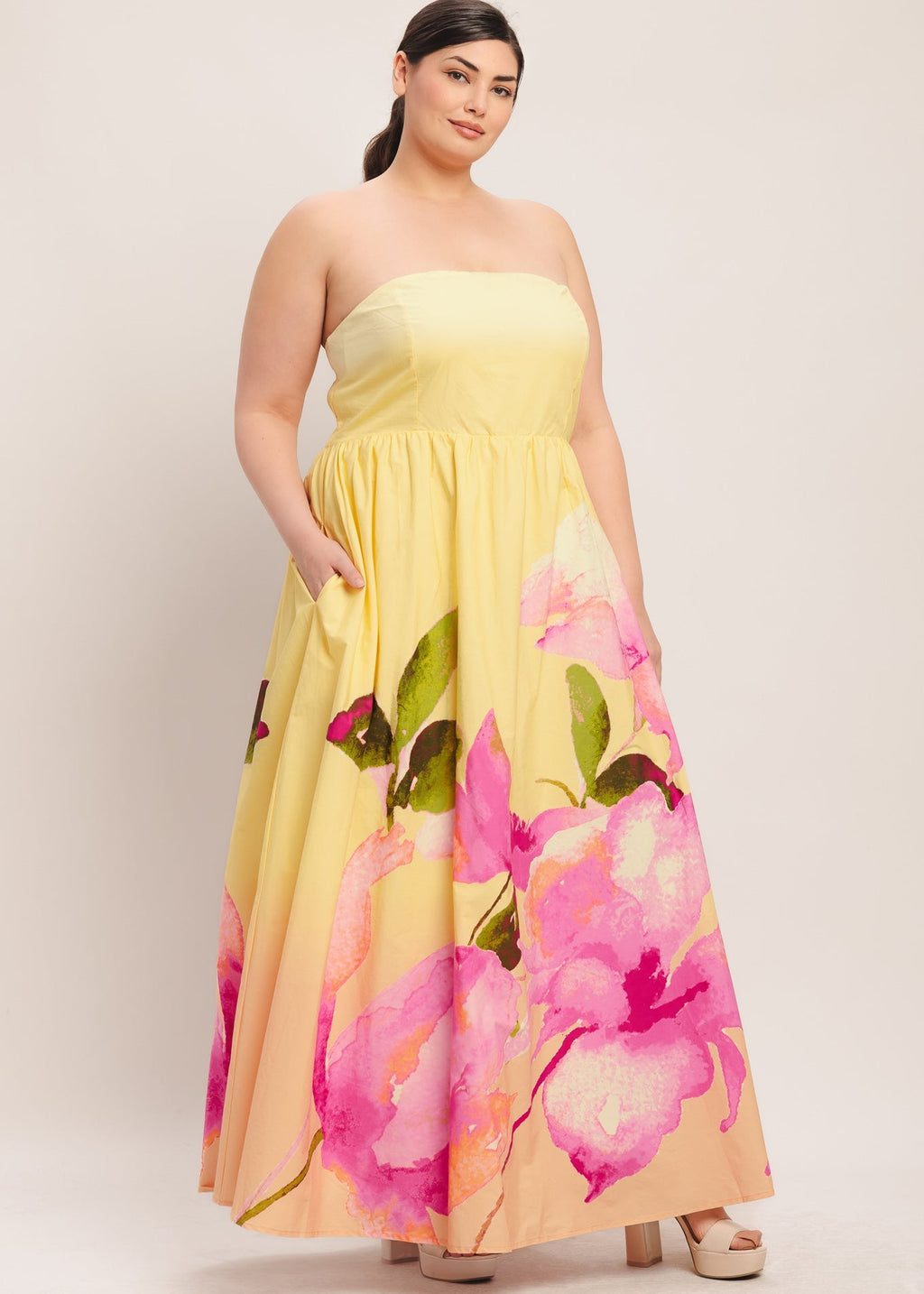Plus sized yellow & pink floral strapless maxi dress with pocket detail
