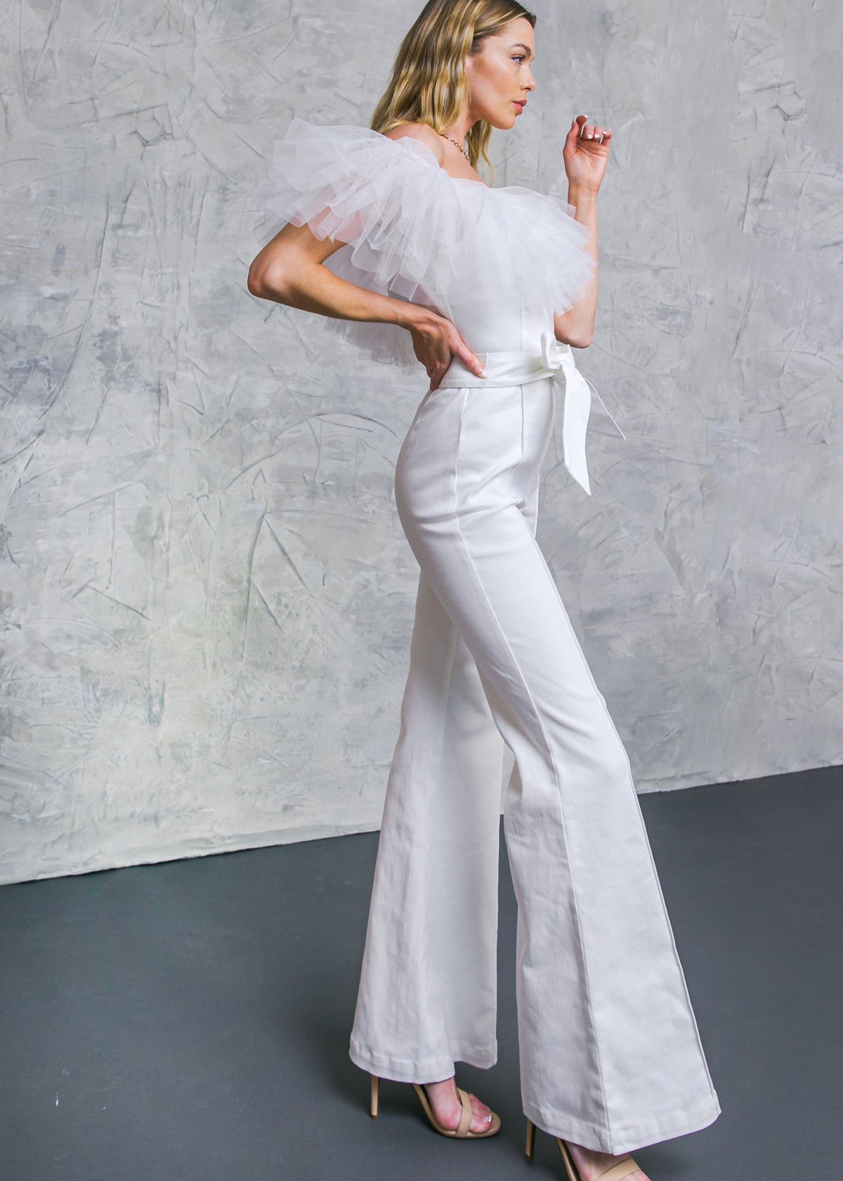 A POWER MOOD WHITE DENIM JUMPSUIT