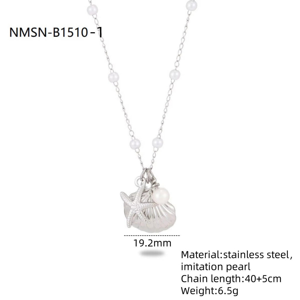 Silver necklace with shell pendant and beads on a white background