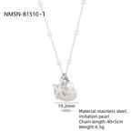 Silver necklace with shell pendant and beads on a white background