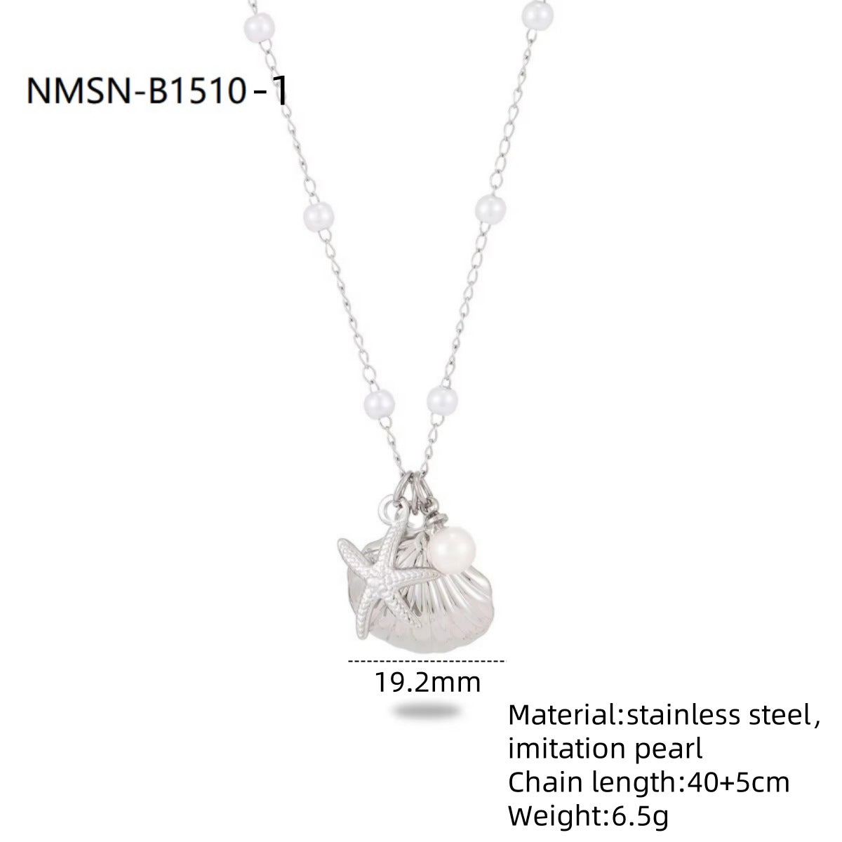 Silver necklace with shell pendant and beads on a white background