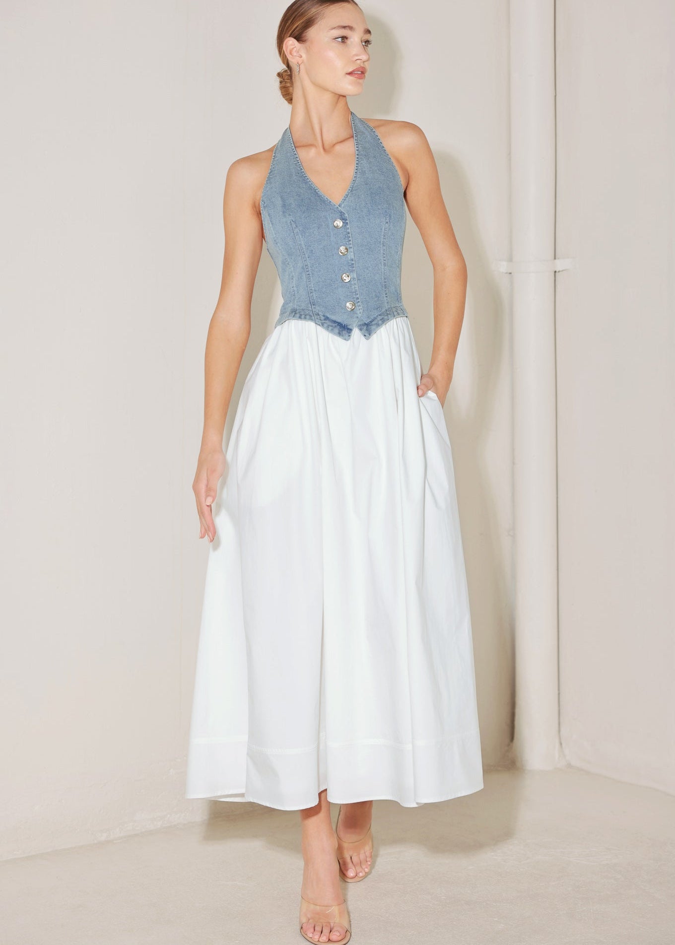 Two tone denim halter midi dress with full white skirt and button front vest bodice Main image