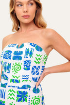 Winged Meadow Co. strapless mini dress with sweetheart neckline and blue & green tribal print. Scalloped trim.