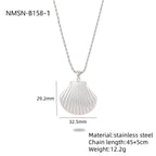 Silver shell pendant necklace with measurements and material details on a white background