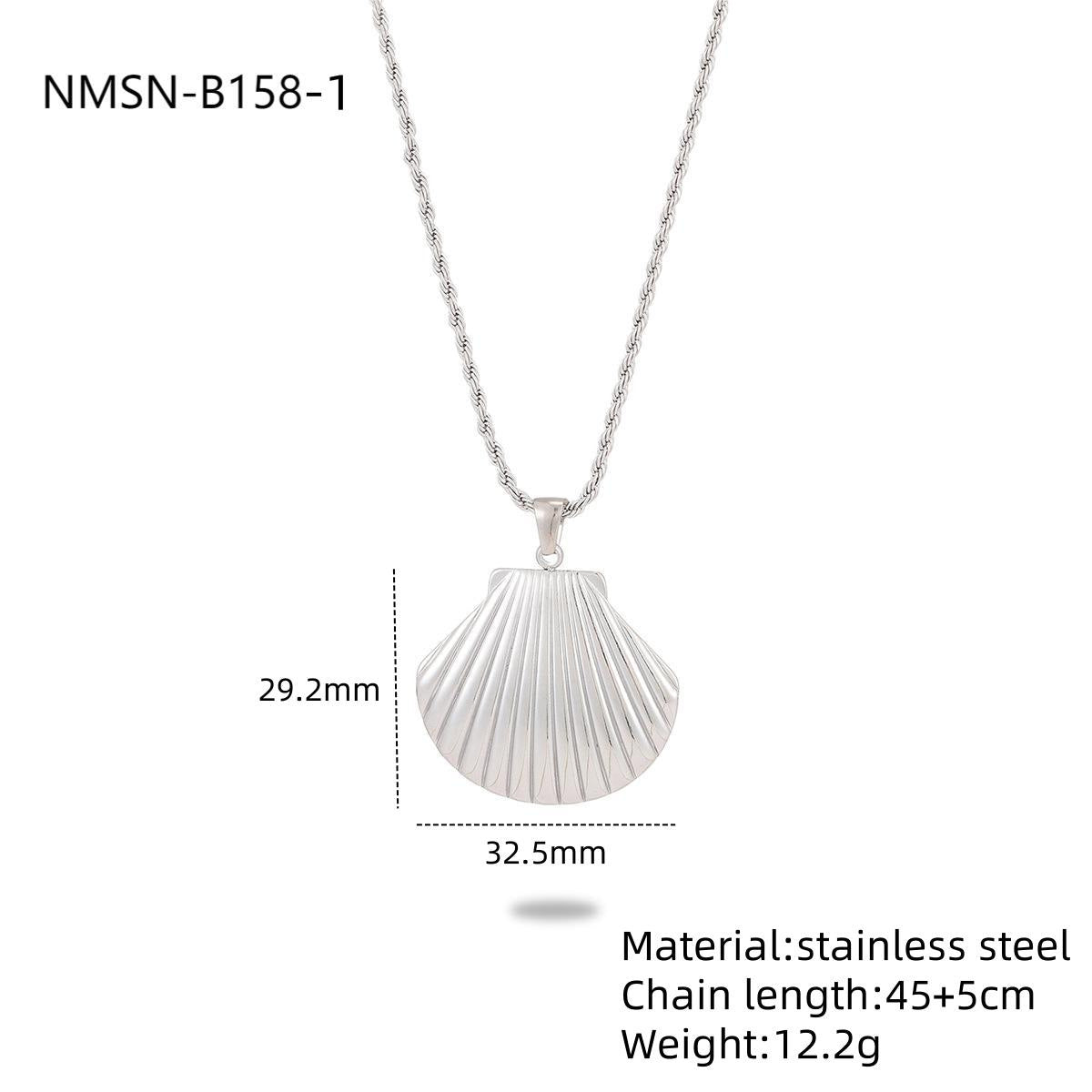 Silver shell pendant necklace with measurements and material details on a white background