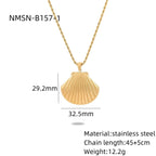 Gold shell pendant necklace with measurements and material details on a white background