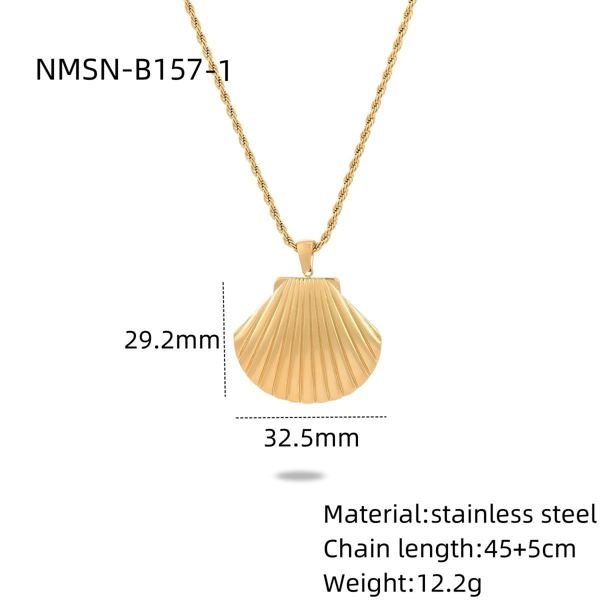 Gold shell pendant necklace with measurements and material details on a white background