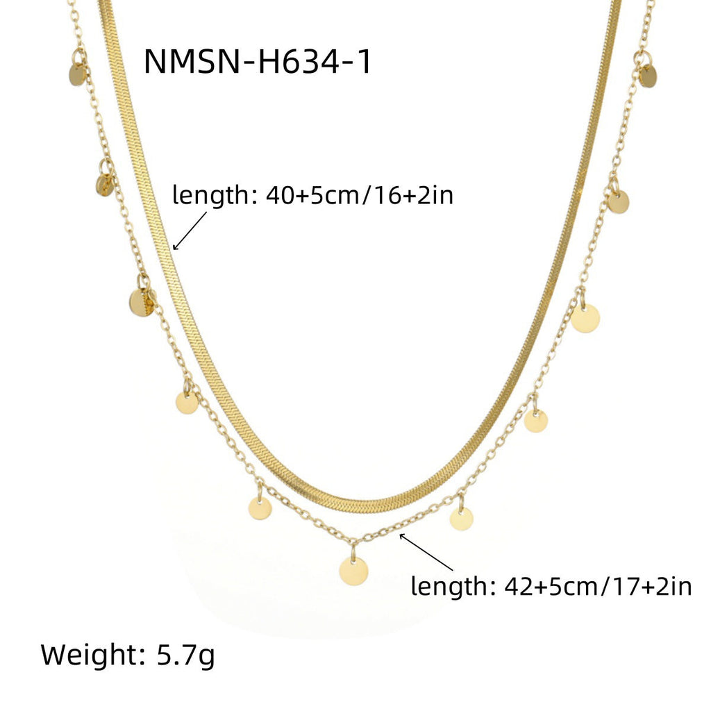 Gold necklace with chain and round pendants, labeled with measurements and weight.
