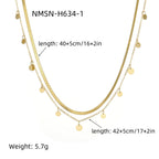 Gold necklace with chain and round pendants, labeled with measurements and weight.