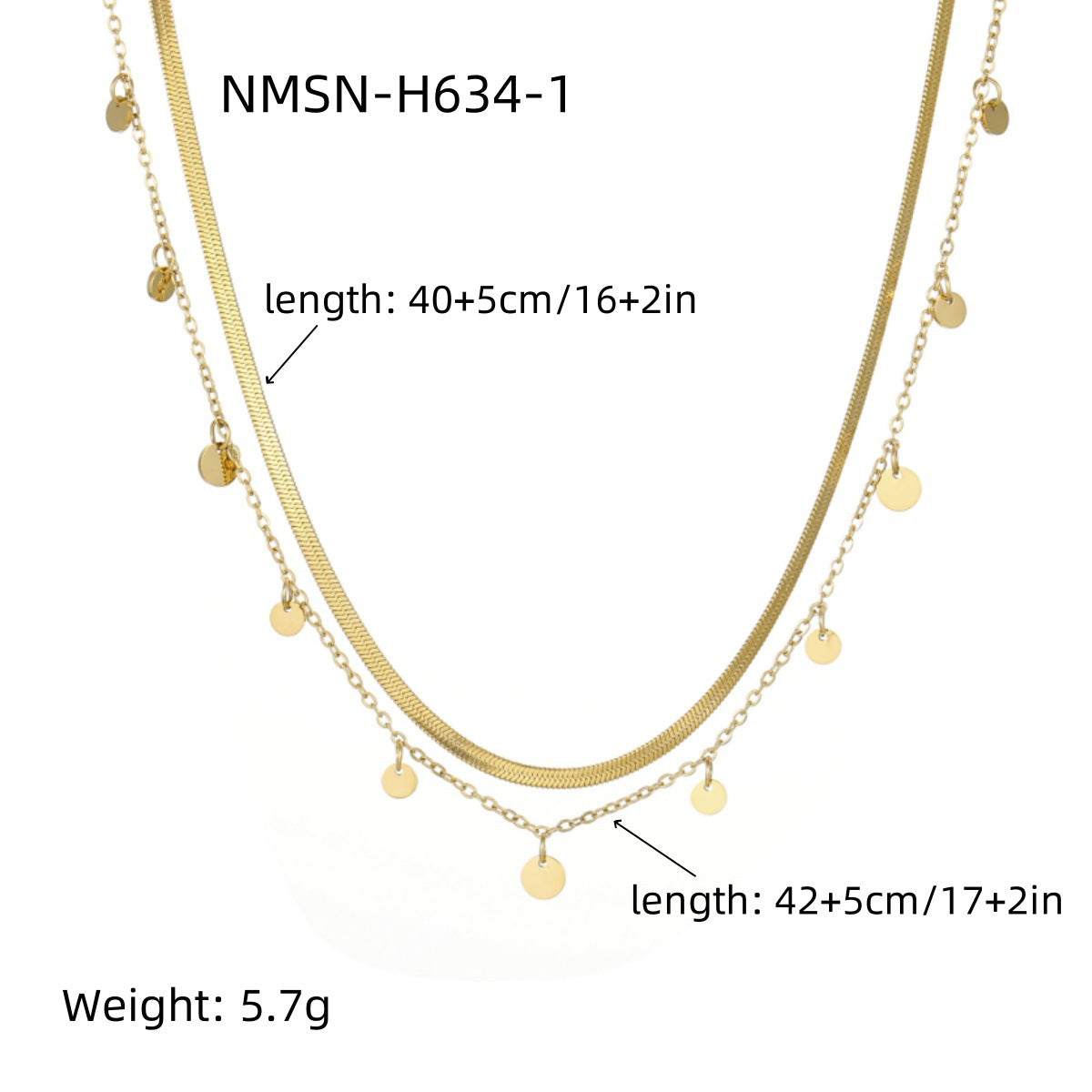 Gold necklace with chain and round pendants, labeled with measurements and weight.
