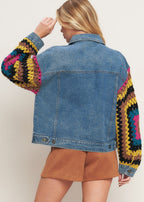 Women's washed denim jacket with woven crochet sleeve detail