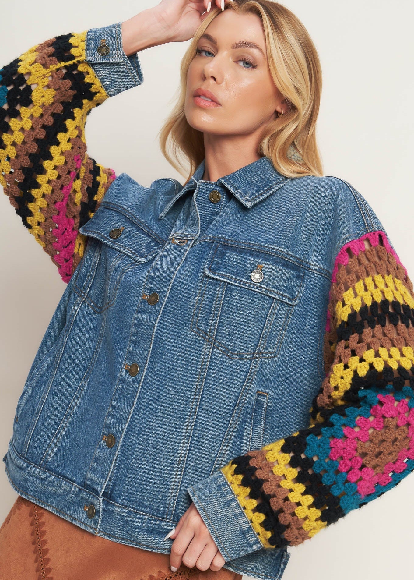 Washed denim jacket with crochet contrast sleeves front view Main image