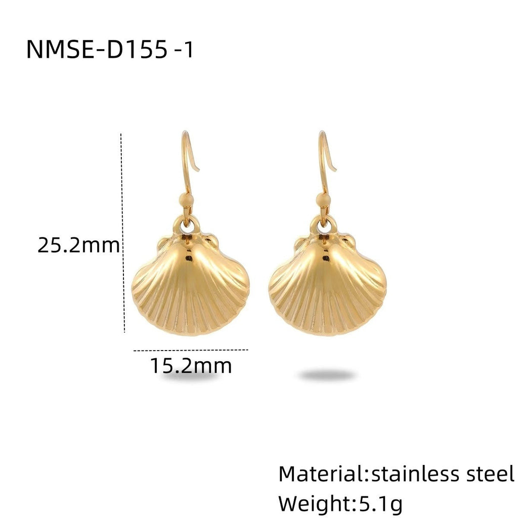 Gold shell-shaped earrings with measurements and material details on a white background