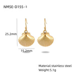 Gold shell-shaped earrings with measurements and material details on a white background