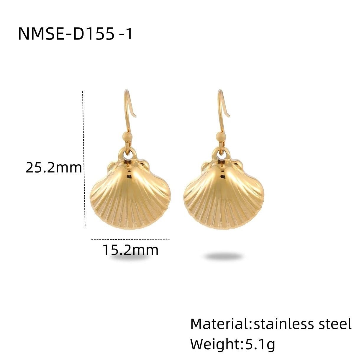 Gold shell-shaped earrings with measurements and material details on a white background