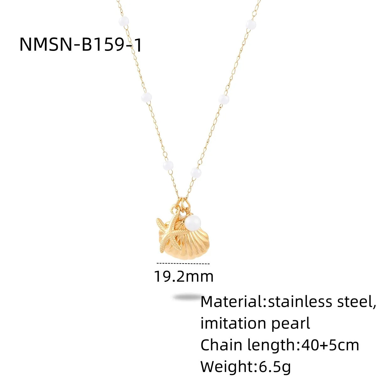 Gold necklace with shell pendant on a white background
