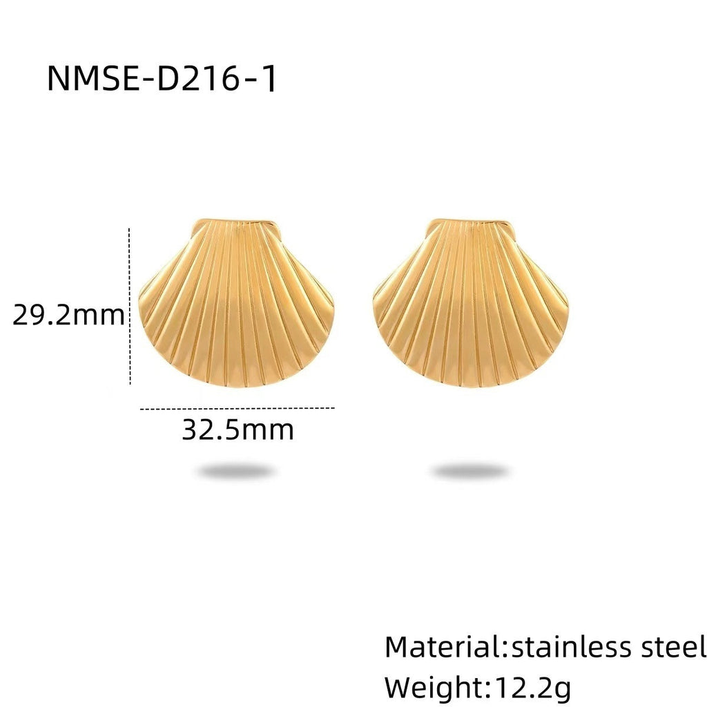 Gold shell-shaped earrings with measurements and material details on a white background