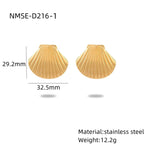 Gold shell-shaped earrings with measurements and material details on a white background