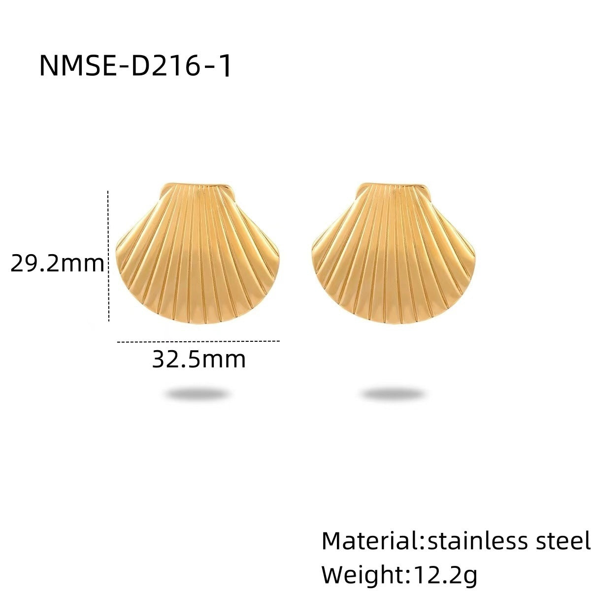 Gold shell-shaped earrings with measurements and material details on a white background