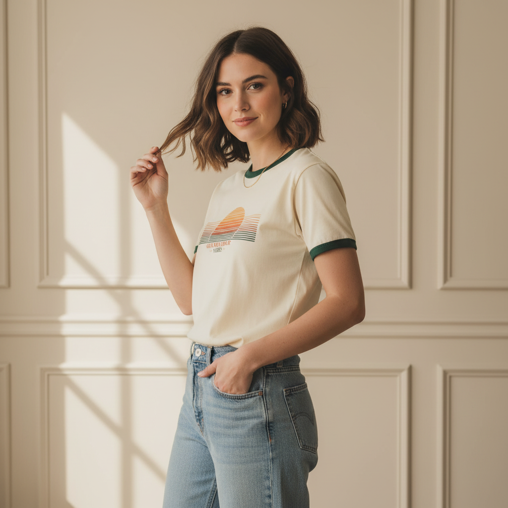 Woman wearing a white t-shirt with a colorful graphic and blue jeans, standing against a beige paneled wall.