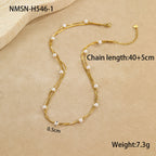 Gold necklace with pearls on a beige background, showing chain length, weight, and measurement details.