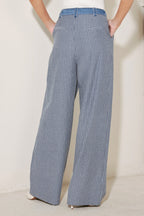 Back view of pinstripe wide leg seersucker pants with tailored fit