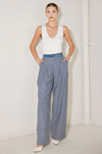 Lightweight pinstripe seersucker wide leg pants styled for summer outfit