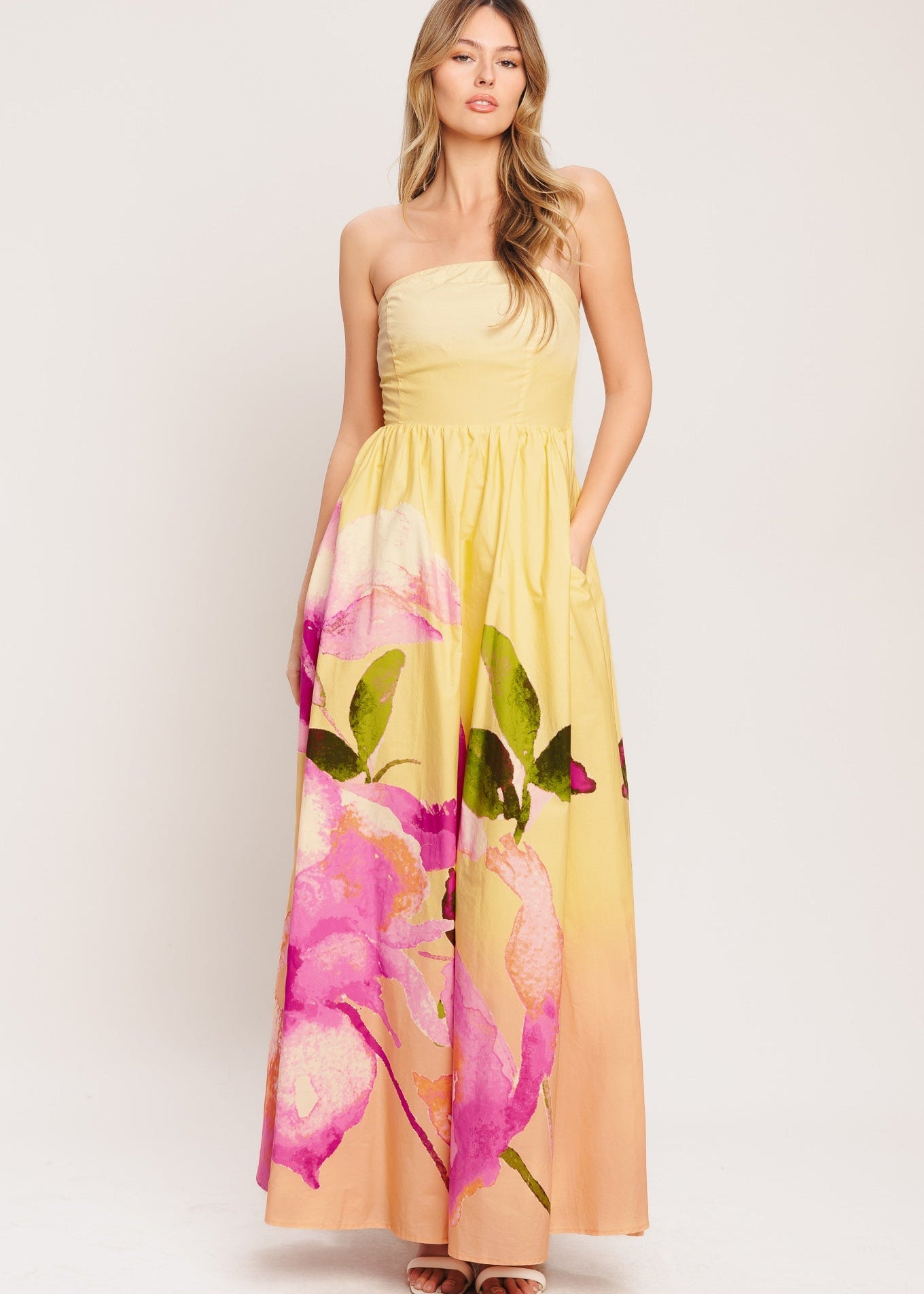 Strapless ombre print maxi dress with full skirt